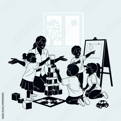 Children playing with blocks together indoors.
