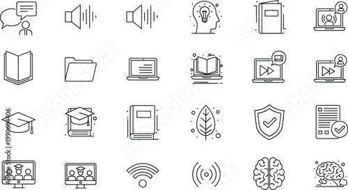 Online education icons set e learning digital course study outline vector collection minimal modern academic technology symbols