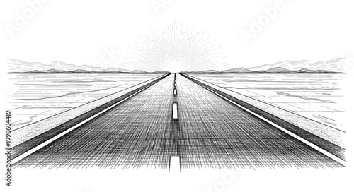 Lone figure walking down a long straight road towards the horizon.