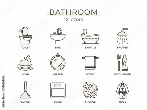 Detailed set of minimalist bathroom and personal hygiene line icons featuring plumbing fixtures and essential toiletries for interior design concepts