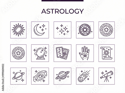 Complete set of celestial and mystical astrology icons featuring zodiac wheels, planetary bodies, and divination tools for esoteric design