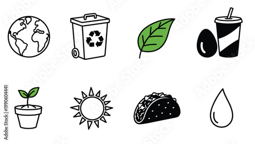 Hand-drawn vector doodle icons set: environment, food, nature, and daily life. Sustainable, eco-friendly, and everyday concept elements.