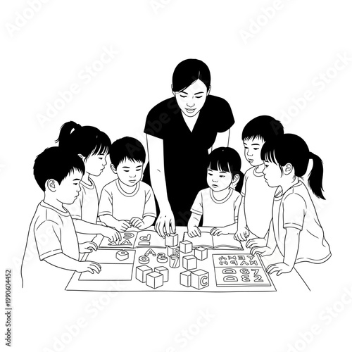 Children playing with blocks and teacher.