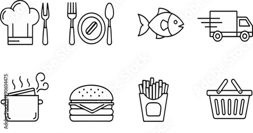 Essential collection of food service, culinary, and online delivery line icons for restaurant and grocery shopping applications