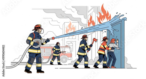 Firefighters battling a large building fire with hoses and axes.