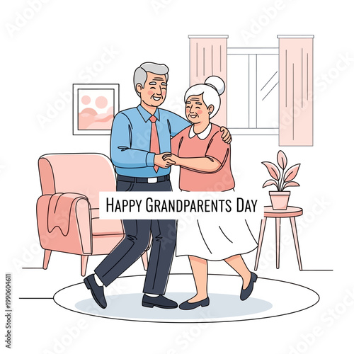 Elderly couple dancing together happily.