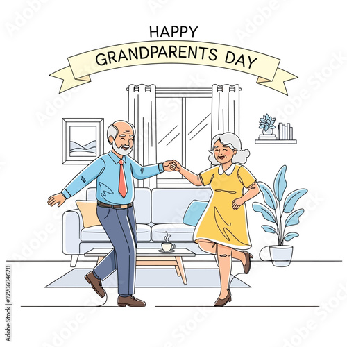 Elderly couple dancing together happily indoors.