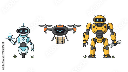 Set of three cartoon robots: service, delivery drone, and industrial bot, representing AI and automation concepts.
