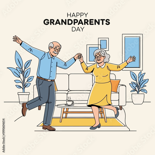 Elderly couple dancing together happily indoors.