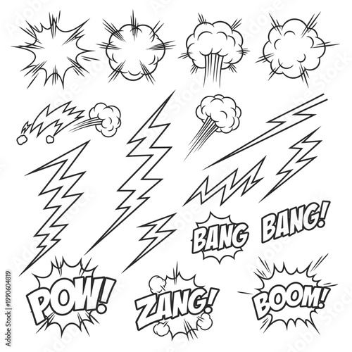 Comic book style explosion and lightning bolt sound effects set.