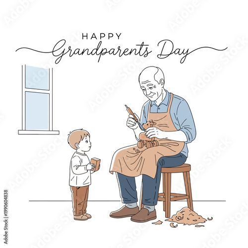 Elderly man teaching boy woodworking skills.