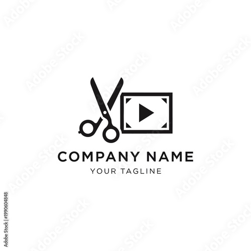 Video Editing Company Logo with Scissors and Play Button Icon.