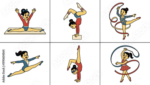 Cartoon Girls Gymnastics Poses Illustration Set: Splits, Handstands, and Rhythmic Ribbon Exercises