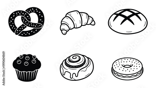 Bakery Line Art Icons Set. Hand-drawn vector illustration of pretzel, croissant, bread, muffin, cinnamon roll, and donut.