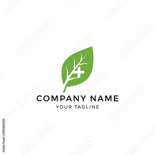 Green Leaf with Plus Sign Logo Design for Natural Health Company.