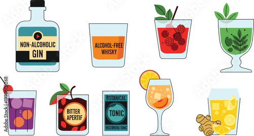 Refreshing Cold and Hot Beverage Vector Illustration Set Featuring Arctic Ale Frost Bite Energy Drink Berry Smoothies Iced Water Mint Tea and Thermal Flask Icons