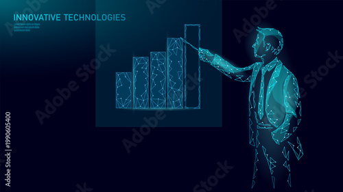 Businessman presenting rising financial bar chart. Digital wireframe projection of growth data. Innovative technology for business presentation, corporate strategy and marketing analysis.