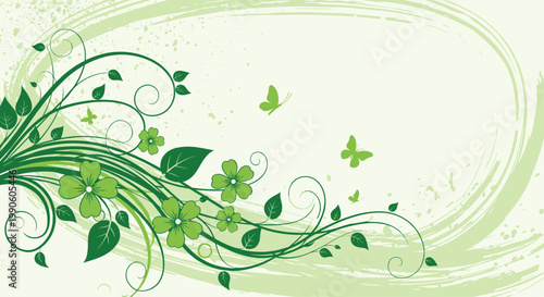 Fresh green floral background design featuring delicate flowers, leafy branches, swirling vines, and flying butterflies on a pale base.