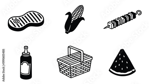 Outdoor Cooking & Picnic Essentials Icons: Grilling Food, Summer Treats, Basket & Sauce