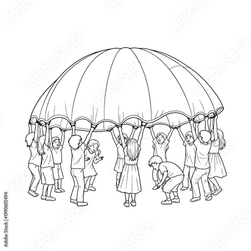 People holding a large umbrella together.