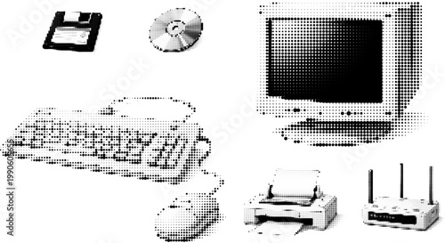 Halftone retro computer set with monitor, keyboard, and disk in grunge vector style png