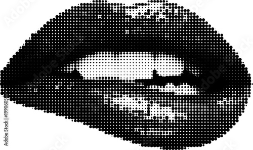 Tableau sur toile Halftone vector grunge of glossy lips bite in transparent black and white png wi
