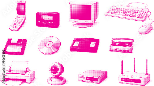 Cassette, printer, monitor, keyboard, mouse, cd, floppy disk. Vintage technology halftone vector transparent png grunge design in retro futurism style