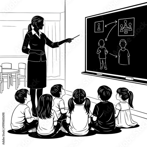 Teacher explaining to young students.