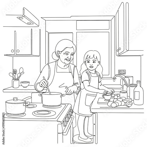 Woman and girl cooking together kitchen.