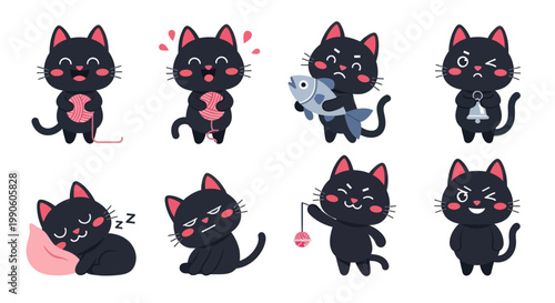 Cute Black Cat Emoticon Set: Pixel Art Style
