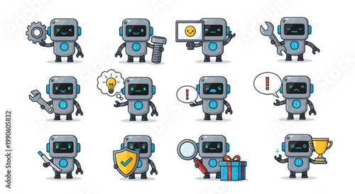 Cute Robot Character Emoticon Set - Pixel Art Style