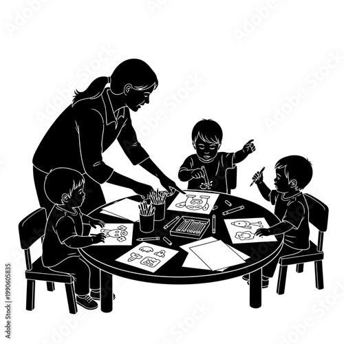 Woman helping children with art project.