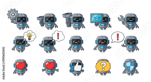 Cute Robot Character Emoticon Set: Emotions, Tools, Icons