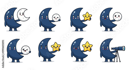 Cute Moon Characters with Stars and Telescope, Kawaii Style