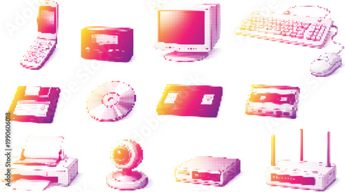 Halftone vector of retro grunge electronics in transparent png style. cassette, printer, monitor, keyboard, mouse, cd, floppy disk