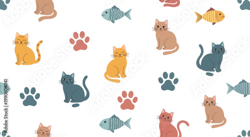 Cute Cat and Fish Pattern: Whimsical Vector Illustration for Pet Lovers