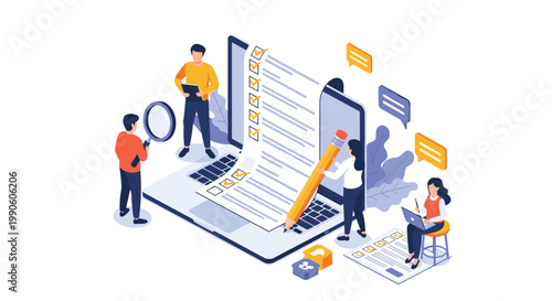 Isometric online survey and feedback illustration showing people interacting with a digital checklist on a laptop screen.