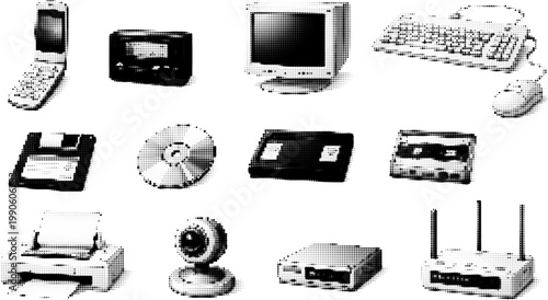 Halftone vector of retro technology gadgets with grunge transparent png style. Cassette, printer, monitor, keyboard, mouse, cd, floppy disk