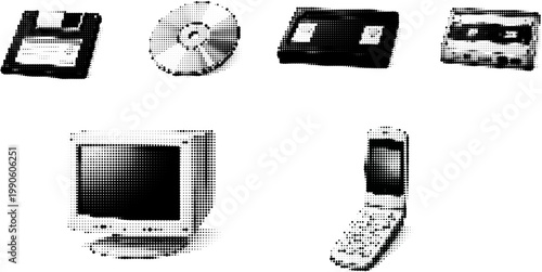 Halftone vector image of retro technology grunge transparent png design. Cassette, monitor, phone, cd, floppy disk