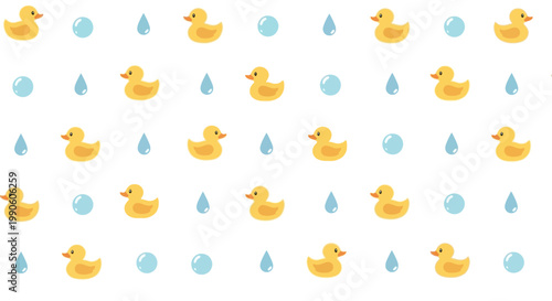 Cute Yellow Rubber Duck Pattern with Bubbles and Raindrops on White Background
