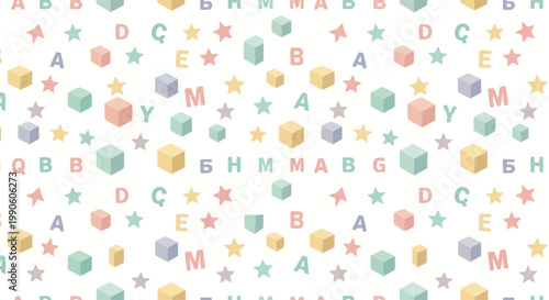 Colorful alphabet blocks and stars seamless pattern, pastel colors, white background