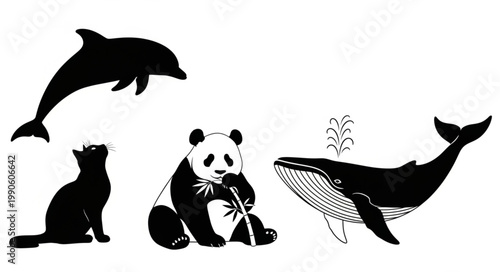 Collection of Silhouetted Animals Including Dolphin Panda Cat and Whale.