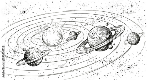 Solar system planets illustration, hand drawn space scene with orbiting planets rings sun stars and cosmic galaxy elements design