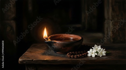 Lit traditional clay oil lamp with flower offering and prayer beads on wooden table