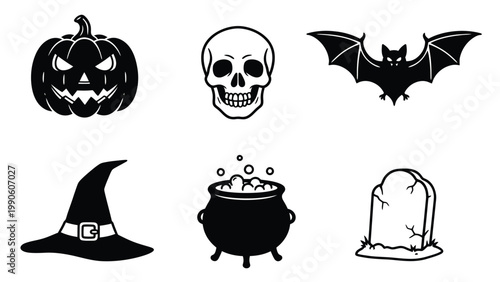 Halloween Black & White Icon Set: Spooky Jack-o'-lantern, Skull, Bat, Witch Hat, Cauldron, Tombstone Vector Collection