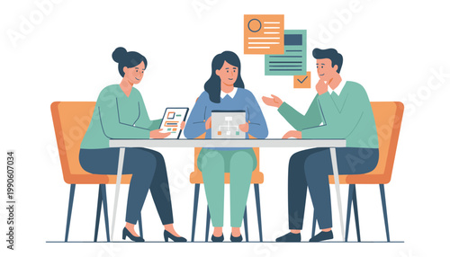 A team of three professionals is engaged in a lively business discussion around a table, reviewing documents and tablets.
