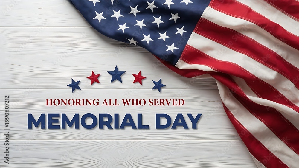 Fototapeta premium Memorial Day Honoring All Who Served – American Flag on White Wood Background