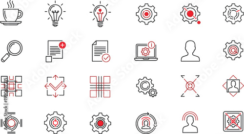 Settings technology icons set configuration system control gear interface outline vector collection minimal modern digital symbols design