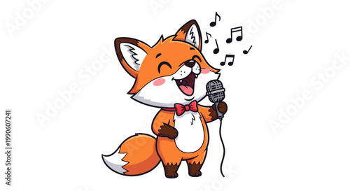 Happy cartoon fox character singing into a microphone with a red bowtie