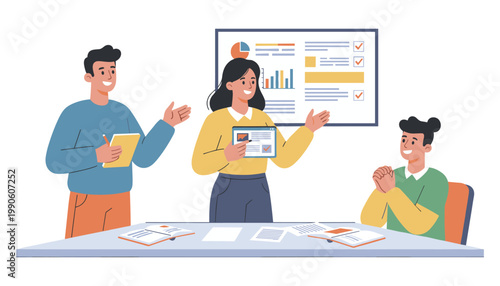 Three colleagues are actively presenting and discussing business data and progress reports in a meeting room.